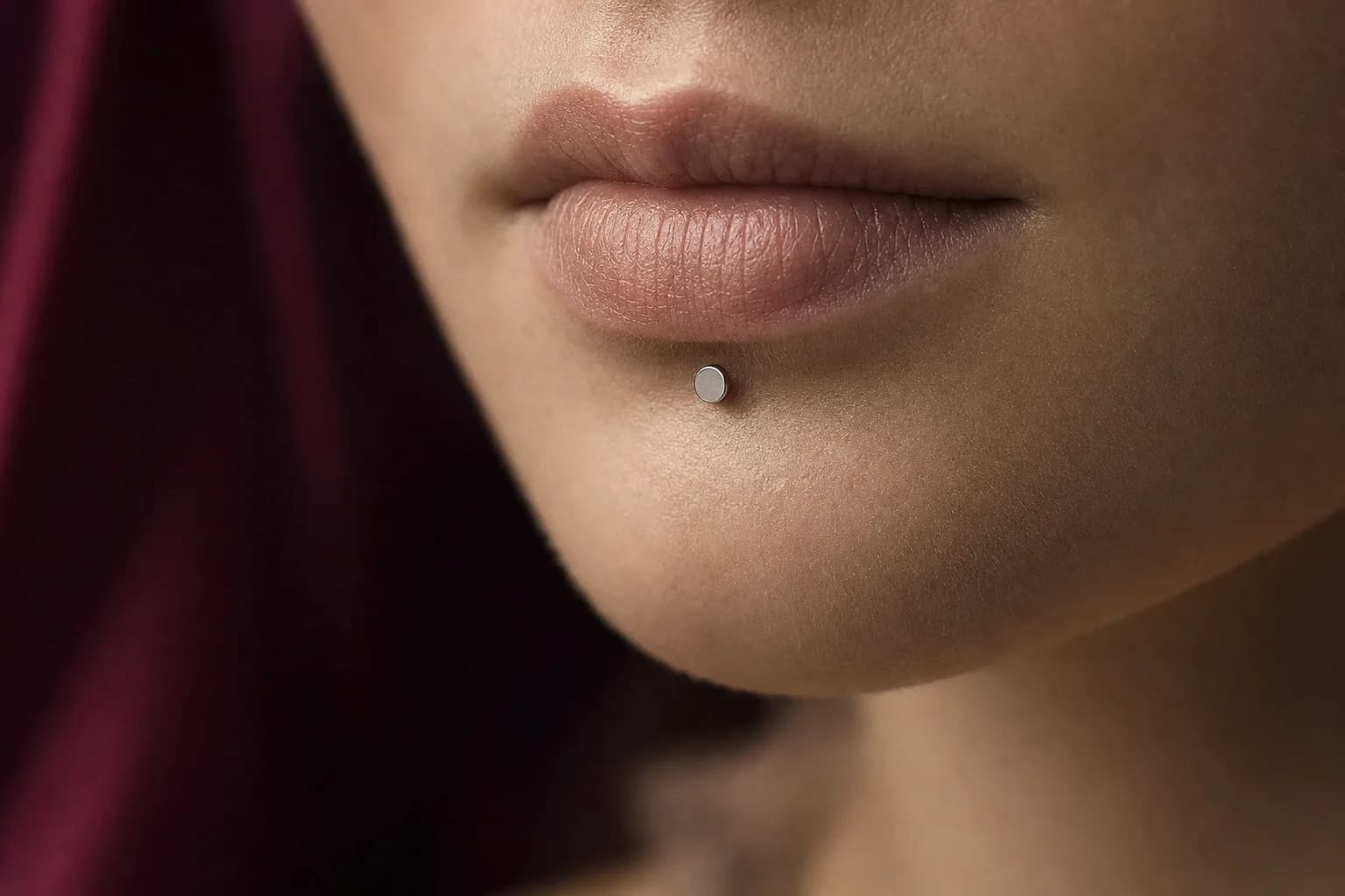 Geschlossener Mund und Kinn mit einem silberfarbenen Labret unterhalb der Unterlippe, links unscharfe pflaumenfarbene Seide